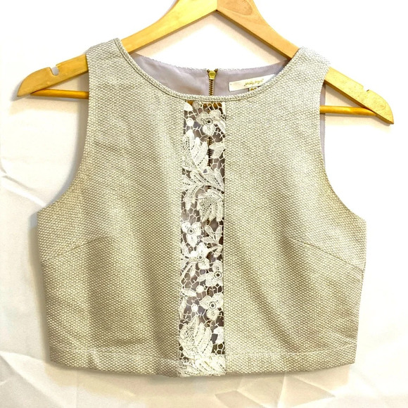 Misty Mynx Gold and Cream Crop Top with Floral Lace Panel and Zip Back - size XS - Picture 1 of 14